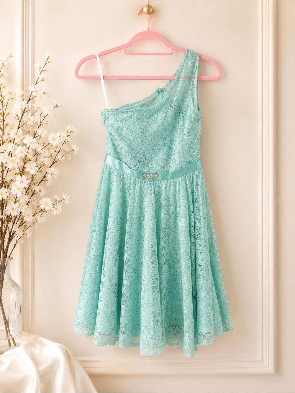 NWT One-Shoulder Mint Lace Dress Size Small | Fit & Flare Special Occasion Dress